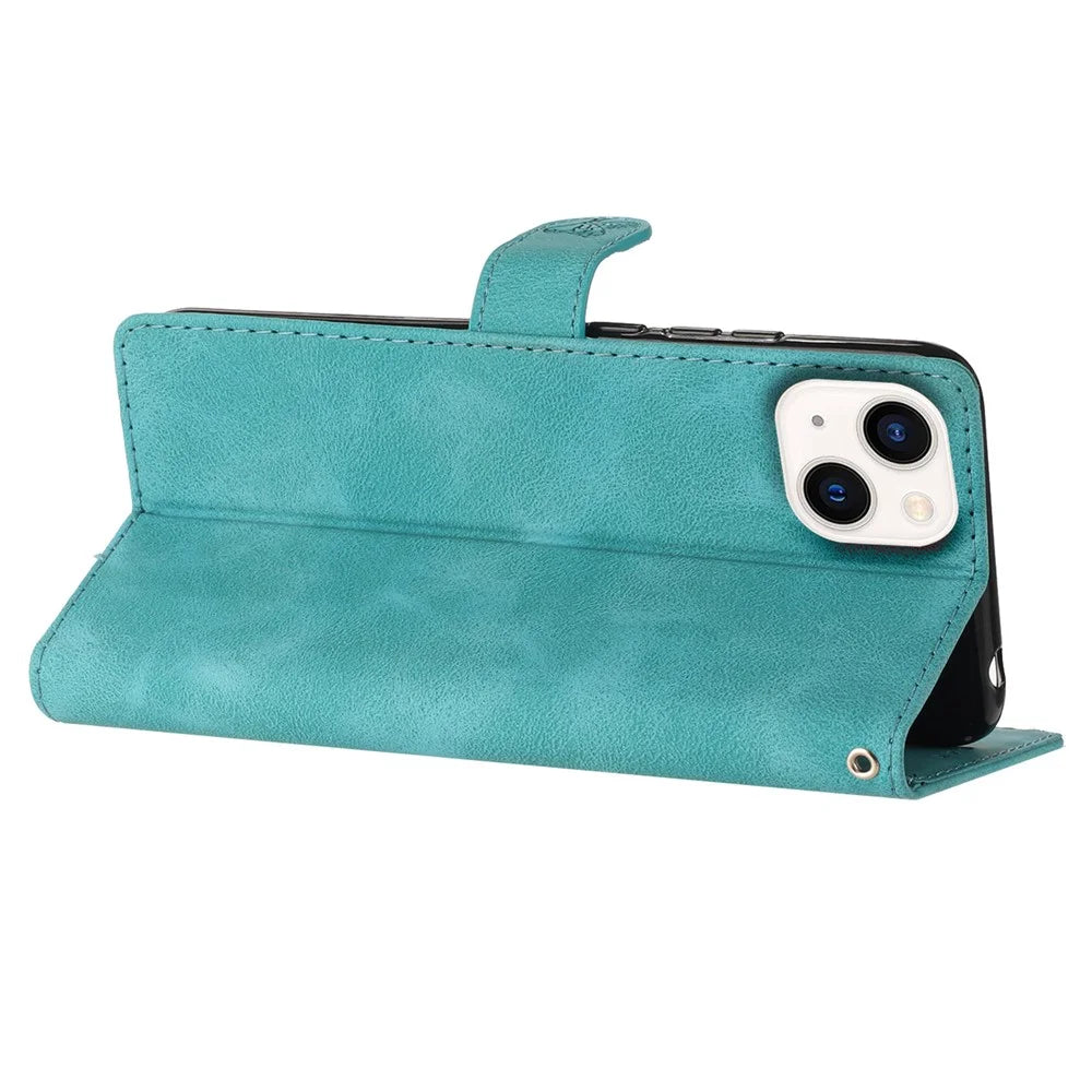 Flower Imprint Wallet Case for iPhone 14 , PU Leather + TPU Stand Phone Cover - Sky Blue - 3
