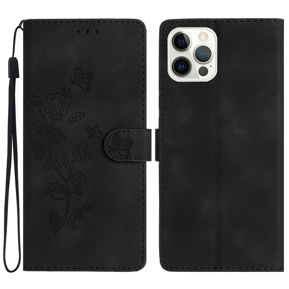 For iPhone 14 Pro Max Flower Imprint Phone Cover PU Leather Wallet Stand Case - Black - 1