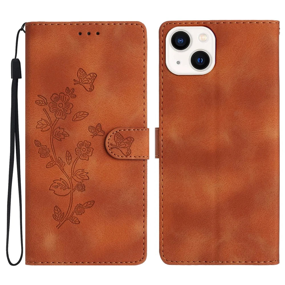 Wallet Stand Leather Phone Case for iPhone 14 Plus , Flower Imprint Protective Cover - Brown - 1