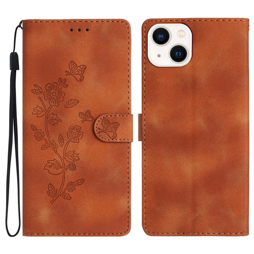 Wallet Stand Leather Phone Case for iPhone 14 Plus , Flower Imprint Protective Cover - Brown - 1
