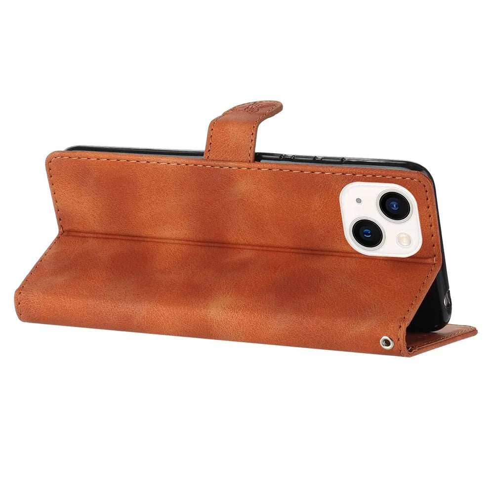 Wallet Stand Leather Phone Case for iPhone 14 Plus , Flower Imprint Protective Cover - Brown - 3