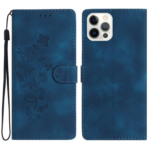 For iPhone 13 Pro 6.1 inch PU Leather Phone Case Flower Imprinted Wallet Cover with Stand - Blue - 1