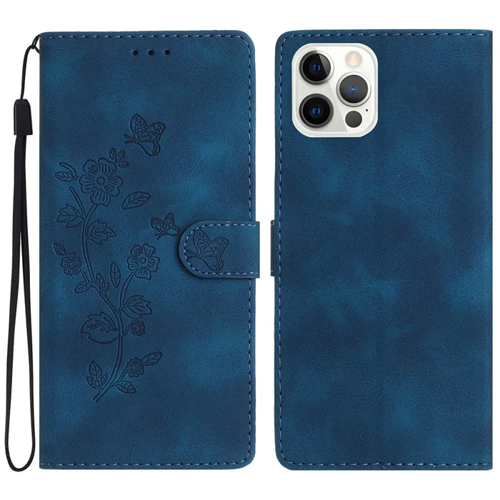 For iPhone 13 Pro 6.1 inch PU Leather Phone Case Flower Imprinted Wallet Cover with Stand - Blue - 1