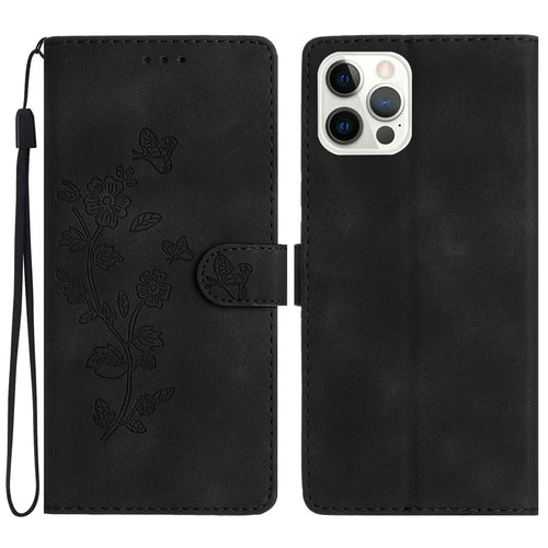 For iPhone 13 Pro Max 6.7 inch Flower Imprint Protection Shell Leather Wallet Stand Phone Case - Black - 1