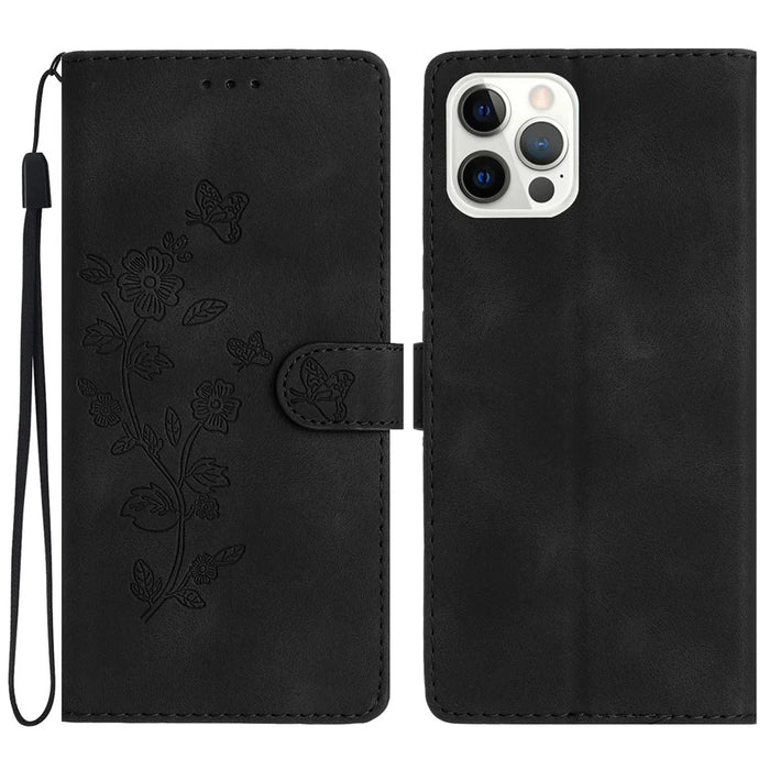 For iPhone 13 Pro Max 6.7 inch Flower Imprint Protection Shell Leather Wallet Stand Phone Case - Black - 1