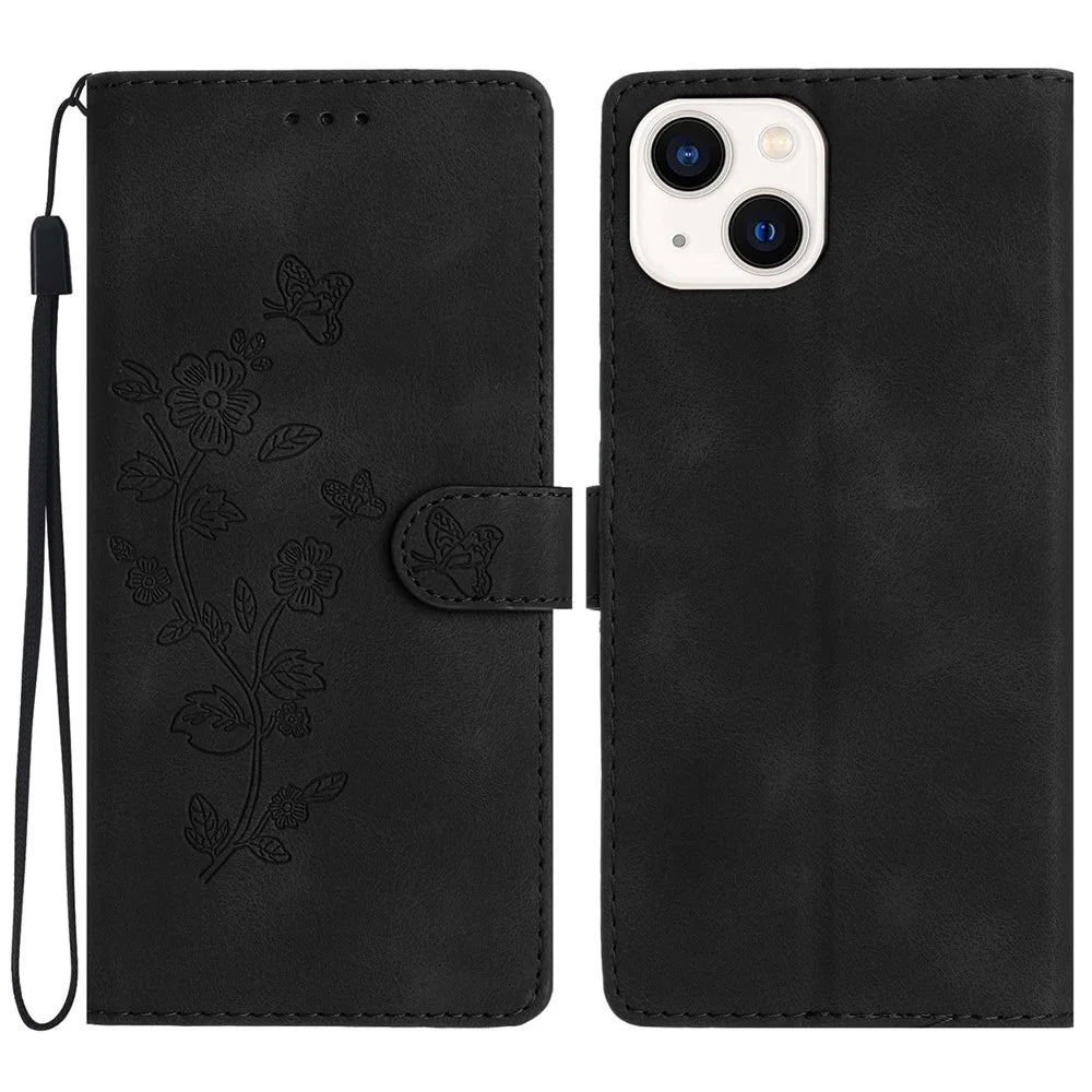 For iPhone 13 6.1 inch PU Leather Wallet Cover Flower Imprinted Phone Case with Stand - Black - 1