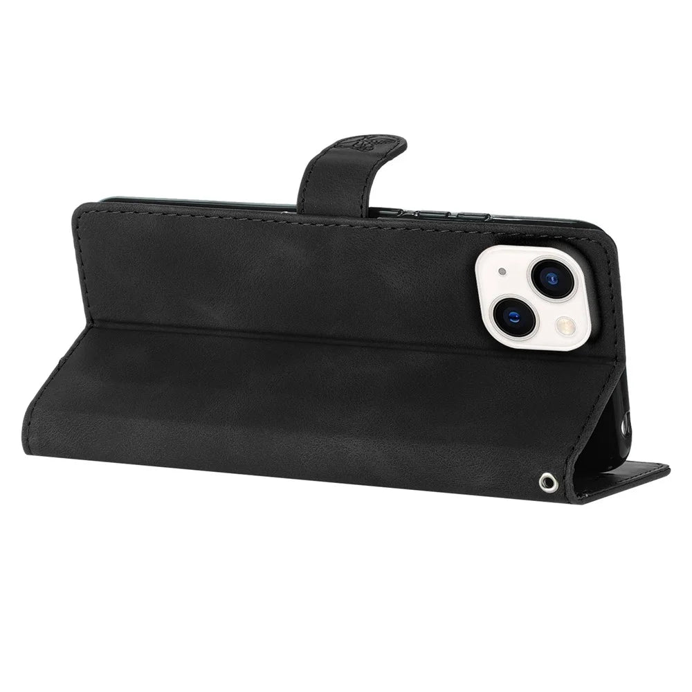 For iPhone 13 6.1 inch PU Leather Wallet Cover Flower Imprinted Phone Case with Stand - Black - 3