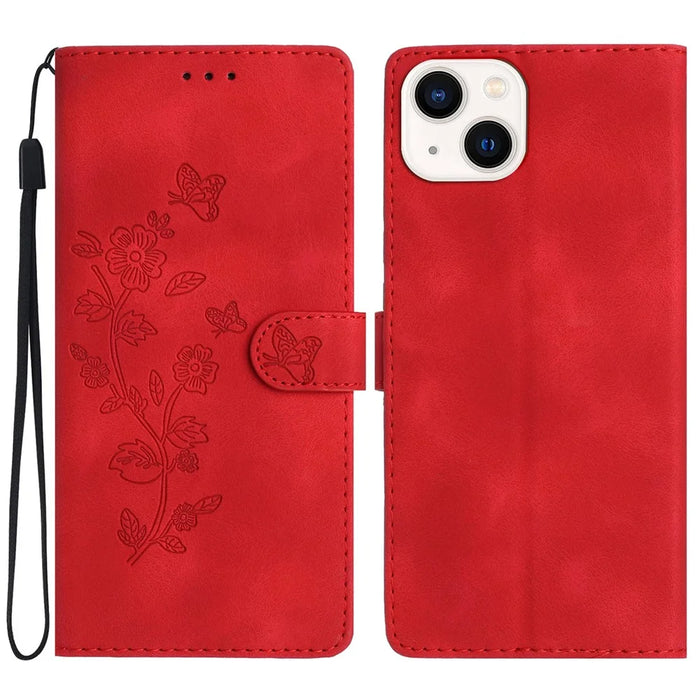 For iPhone 13 mini 5.4 inch Leather Wallet Phone Cover Flower Imprinted Stand Mobile Case - Red - 1