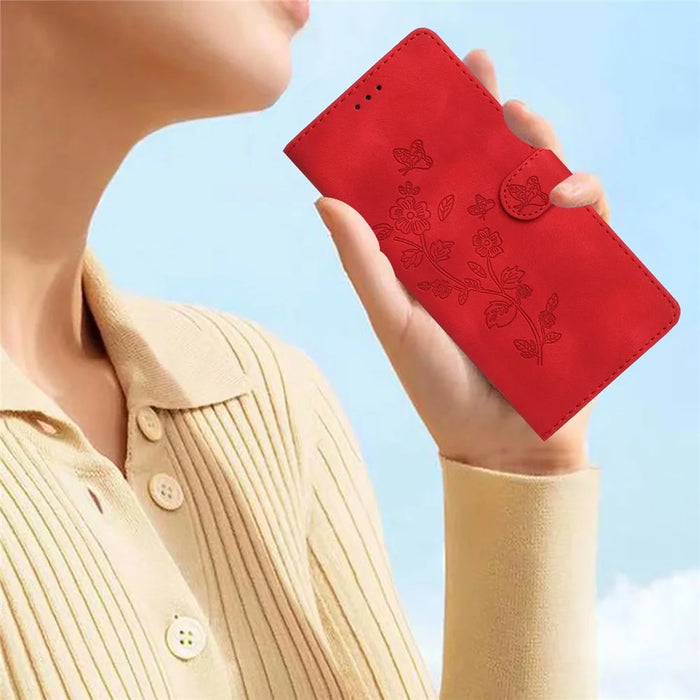 For iPhone 13 mini 5.4 inch Leather Wallet Phone Cover Flower Imprinted Stand Mobile Case - Red - 7