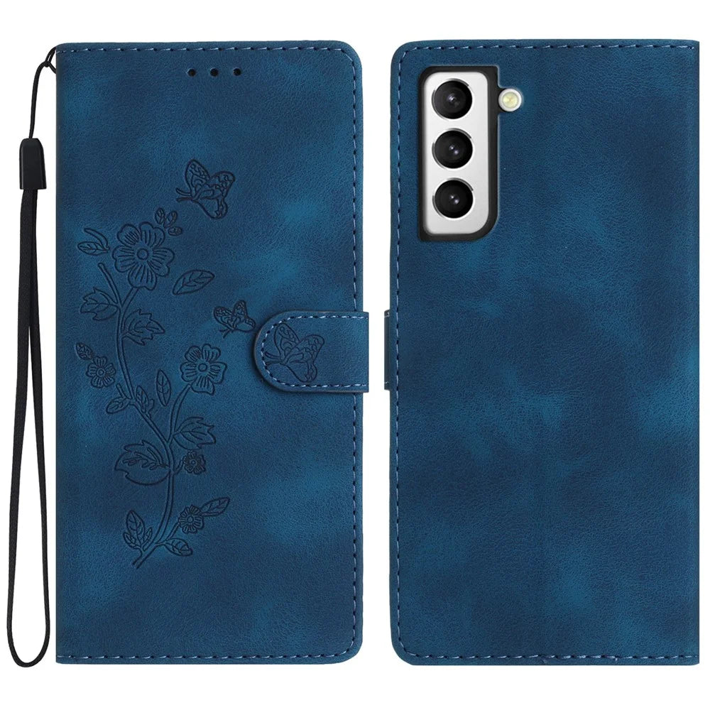 For Samsung Galaxy S21 4G / 5G Flower Imprint PU Leather Case Wallet Stand Protective Phone Cover - Blue - 1