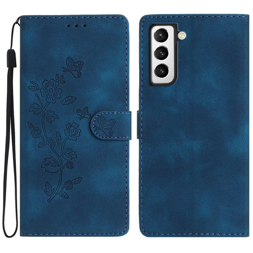 For Samsung Galaxy S21 4G / 5G Flower Imprint PU Leather Case Wallet Stand Protective Phone Cover - Blue - 1