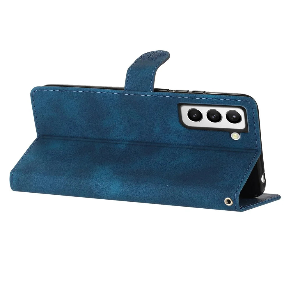 For Samsung Galaxy S21 4G / 5G Flower Imprint PU Leather Case Wallet Stand Protective Phone Cover - Blue - 3