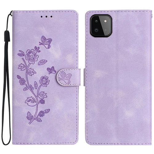 For Samsung Galaxy A22 5G (EU Version) PU Leather Wallet Phone Cover Flower Imprint Folding Stand Case - Purple - 1