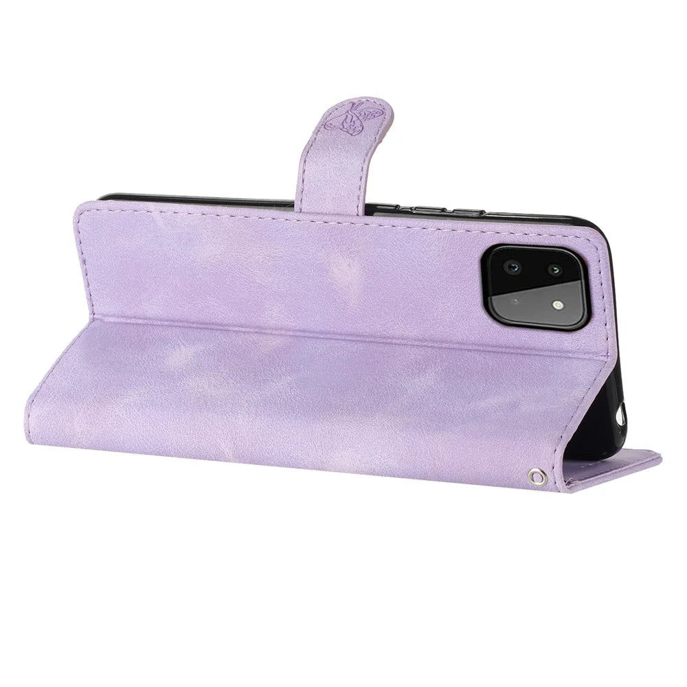 For Samsung Galaxy A22 5G (EU Version) PU Leather Wallet Phone Cover Flower Imprint Folding Stand Case - Purple - 3