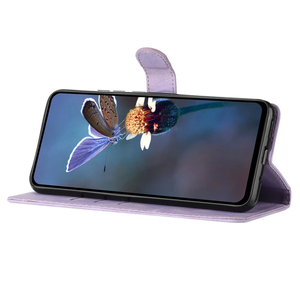 For Samsung Galaxy A22 5G (EU Version) PU Leather Wallet Phone Cover Flower Imprint Folding Stand Case - Purple - 4