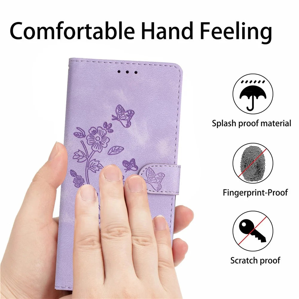 For Samsung Galaxy A22 5G (EU Version) PU Leather Wallet Phone Cover Flower Imprint Folding Stand Case - Purple - 5
