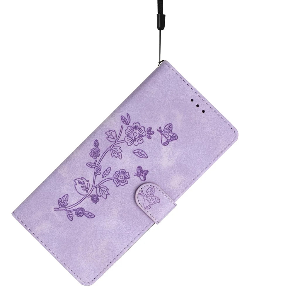 For Samsung Galaxy A22 5G (EU Version) PU Leather Wallet Phone Cover Flower Imprint Folding Stand Case - Purple - 6