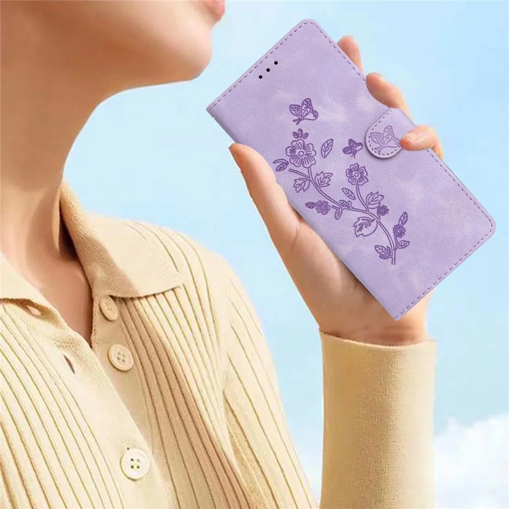 For Samsung Galaxy A22 5G (EU Version) PU Leather Wallet Phone Cover Flower Imprint Folding Stand Case - Purple - 7
