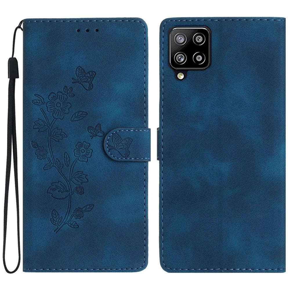 For Samsung Galaxy A42 5G Wallet Phone Case Flower Imprint Stand Anti-drop Cover - Blue - 1