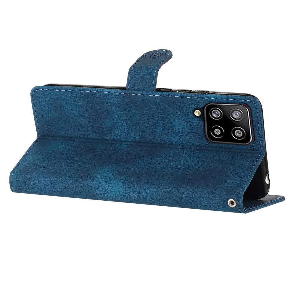 For Samsung Galaxy A42 5G Wallet Phone Case Flower Imprint Stand Anti-drop Cover - Blue - 3