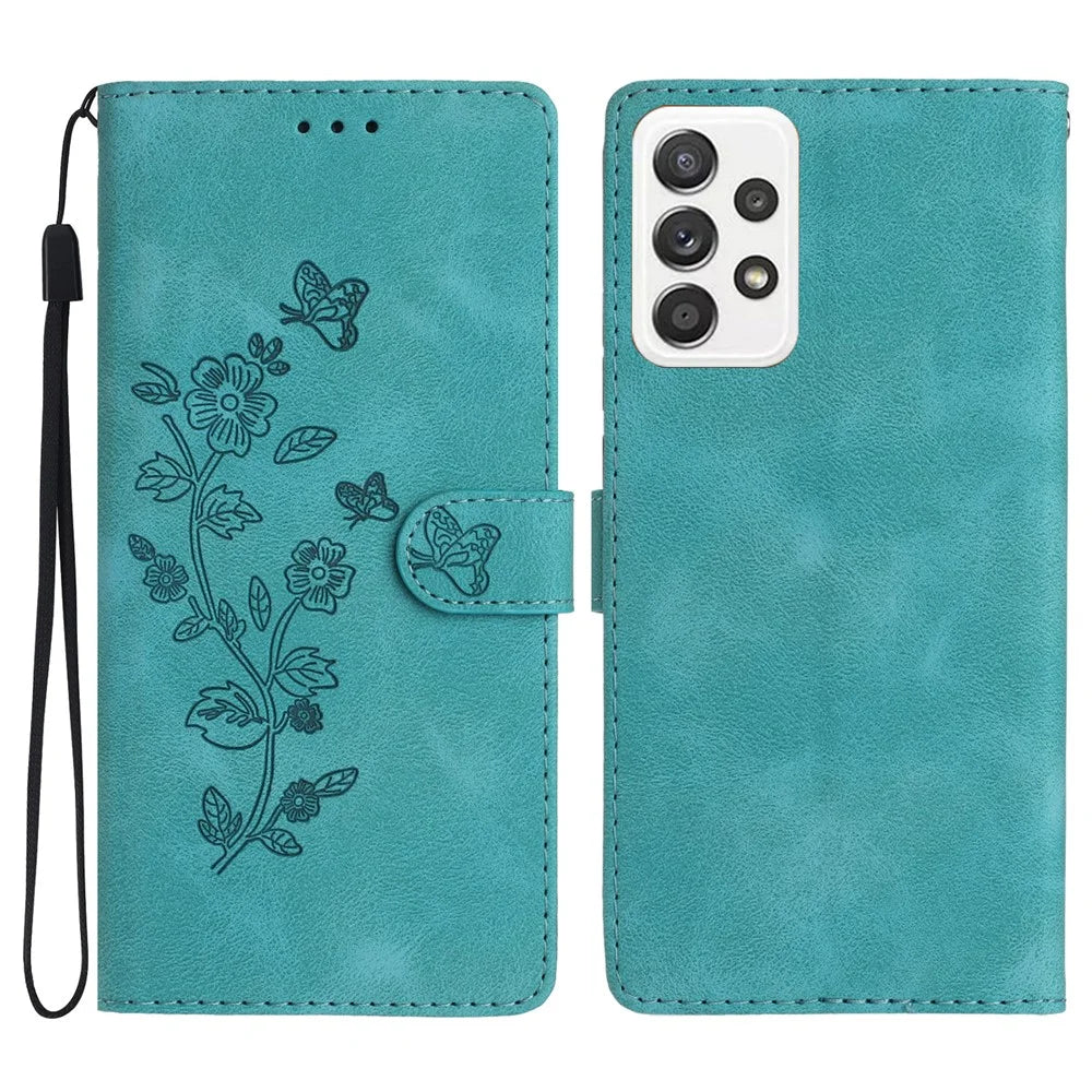 Flower Imprint Leather Case for Samsung Galaxy A72 4G / 5G , Wallet Stand Mobile Phone Cover - Sky Blue - 1