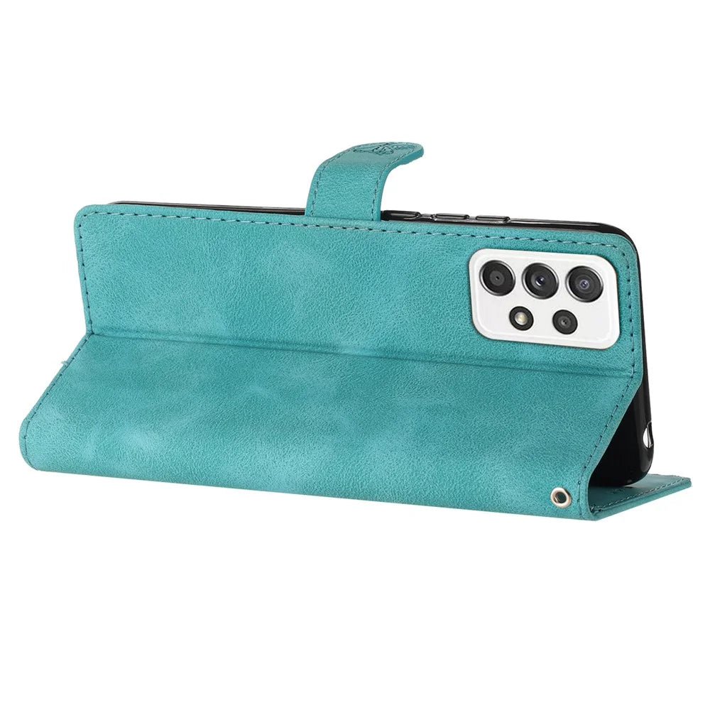 Flower Imprint Leather Case for Samsung Galaxy A72 4G / 5G , Wallet Stand Mobile Phone Cover - Sky Blue - 3