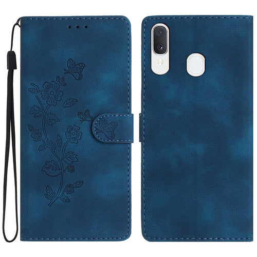 Flower Imprint Wallet Phone Case for Samsung Galaxy A40 PU Leather Stand Shockproof Cover - Blue - 1