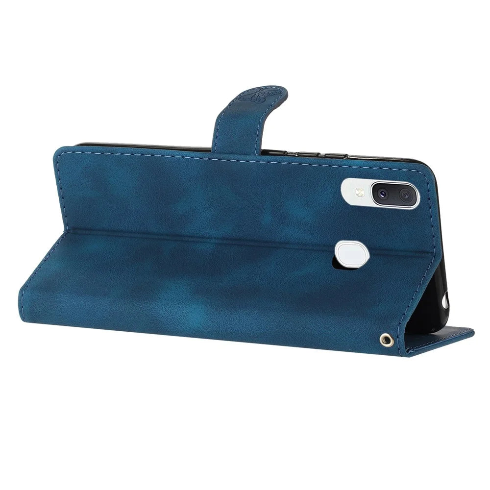 Flower Imprint Wallet Phone Case for Samsung Galaxy A40 PU Leather Stand Shockproof Cover - Blue - 3