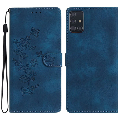 For Samsung Galaxy A51 4G SM-A515 Flower Imprint Phone Case Wallet Stand Leather Phone Cover - Blue - 1