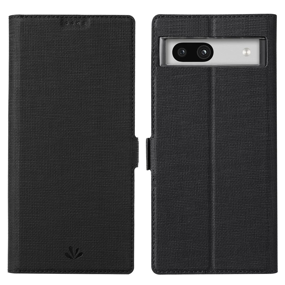 VILI DMK Series Leather Phone Case for Google Pixel 7a , Cross Texture Wallet Stand Phone Cover - Black - 1