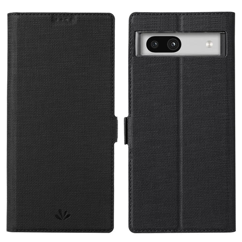 VILI DMK Series Leather Phone Case for Google Pixel 7a , Cross Texture Wallet Stand Phone Cover - Black - 1