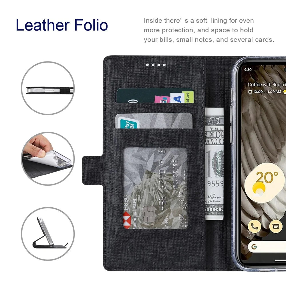 VILI DMK Series Leather Phone Case for Google Pixel 7a , Cross Texture Wallet Stand Phone Cover - Black - 2