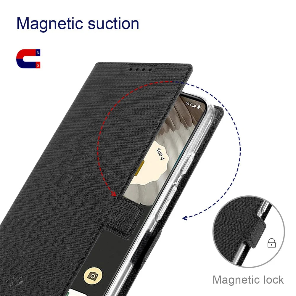 VILI DMK Series Leather Phone Case for Google Pixel 7a , Cross Texture Wallet Stand Phone Cover - Black - 4