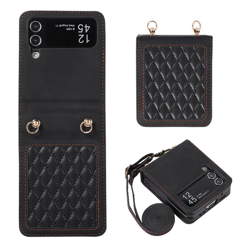 Leather Phone Case for Samsung Galaxy Z Flip4 5G , Rhombus Imprint Cover with Hand Strap and Shoulder Strap - Black - 1
