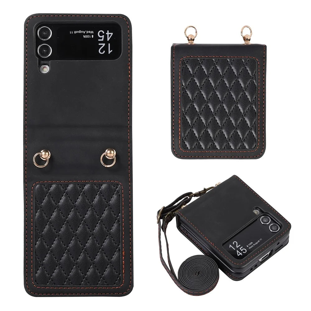 Leather Phone Case for Samsung Galaxy Z Flip4 5G , Rhombus Imprint Cover with Hand Strap and Shoulder Strap - Black - 1
