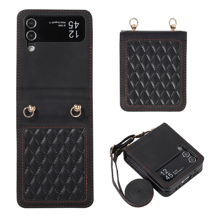 Leather Phone Case for Samsung Galaxy Z Flip4 5G , Rhombus Imprint Cover with Hand Strap and Shoulder Strap - Black - 1