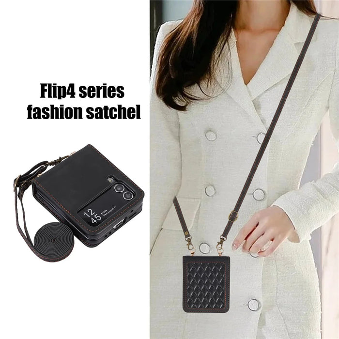 Leather Phone Case for Samsung Galaxy Z Flip4 5G , Rhombus Imprint Cover with Hand Strap and Shoulder Strap - Black - 3