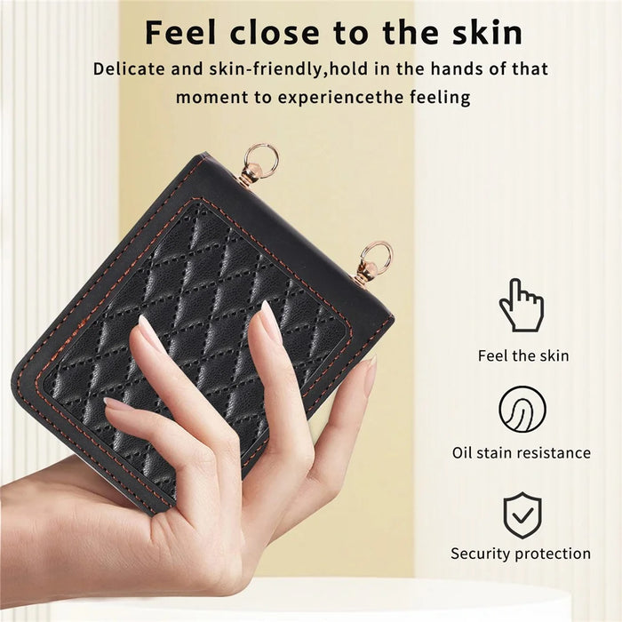 Leather Phone Case for Samsung Galaxy Z Flip4 5G , Rhombus Imprint Cover with Hand Strap and Shoulder Strap - Black - 4