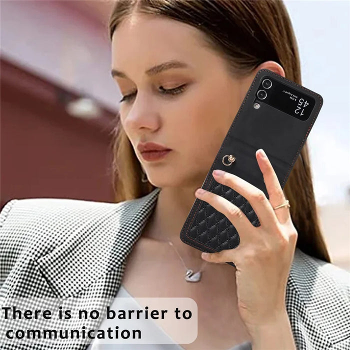 Leather Phone Case for Samsung Galaxy Z Flip4 5G , Rhombus Imprint Cover with Hand Strap and Shoulder Strap - Black - 5