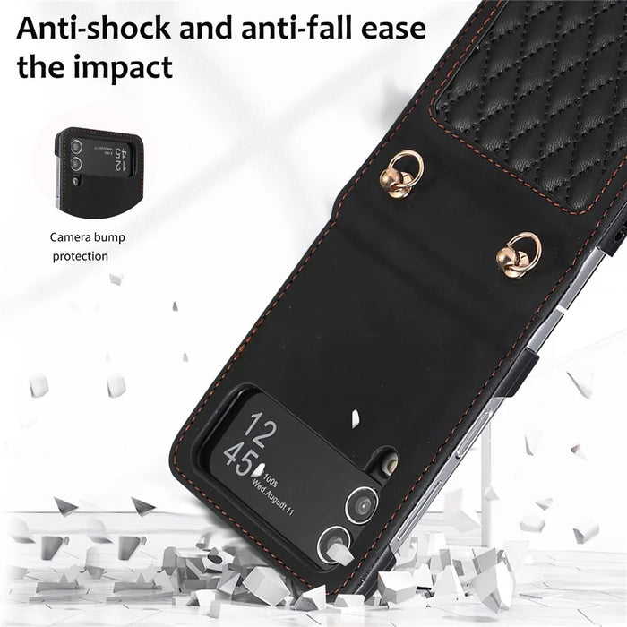 Leather Phone Case for Samsung Galaxy Z Flip4 5G , Rhombus Imprint Cover with Hand Strap and Shoulder Strap - Black - 6