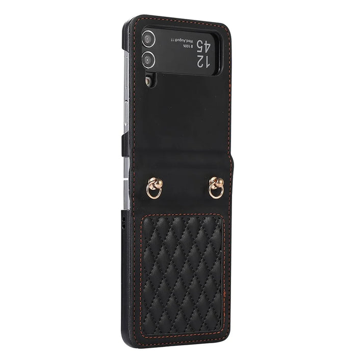 Leather Phone Case for Samsung Galaxy Z Flip4 5G , Rhombus Imprint Cover with Hand Strap and Shoulder Strap - Black - 7