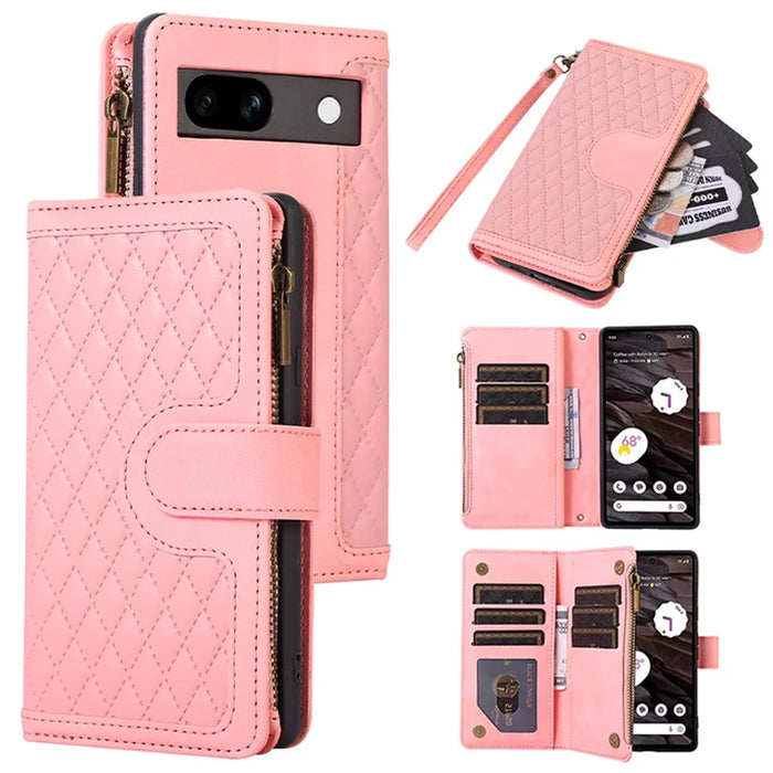 For Google Pixel 7a Rhombus Imprint Zipper Pocket Wallet Stand Phone Case Leather Card Holder Shell - Rose Gold - 1