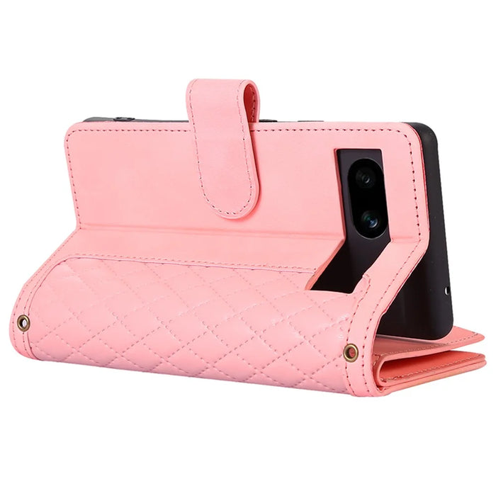 For Google Pixel 7a Rhombus Imprint Zipper Pocket Wallet Stand Phone Case Leather Card Holder Shell - Rose Gold - 2