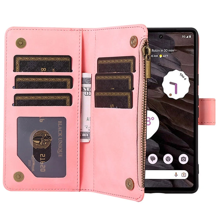 For Google Pixel 7a Rhombus Imprint Zipper Pocket Wallet Stand Phone Case Leather Card Holder Shell - Rose Gold - 4