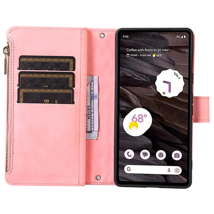 For Google Pixel 7a Rhombus Imprint Zipper Pocket Wallet Stand Phone Case Leather Card Holder Shell - Rose Gold - 5