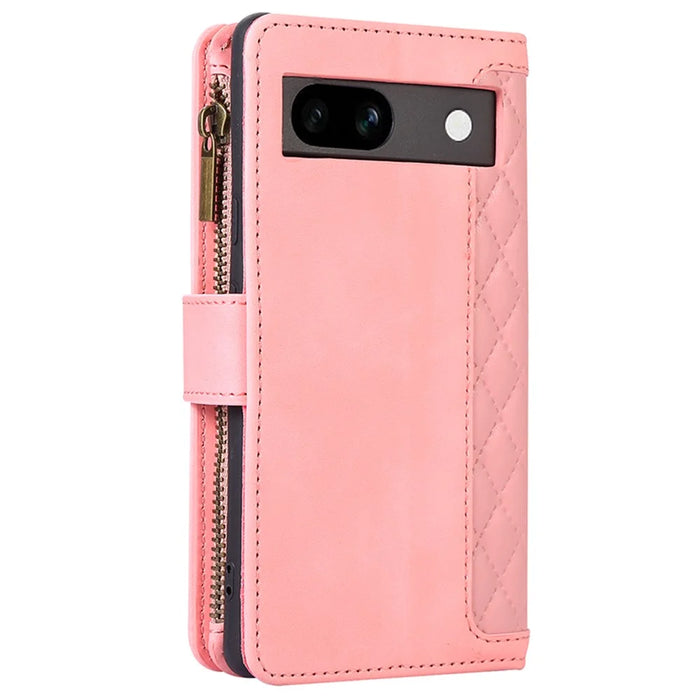 For Google Pixel 7a Rhombus Imprint Zipper Pocket Wallet Stand Phone Case Leather Card Holder Shell - Rose Gold - 7