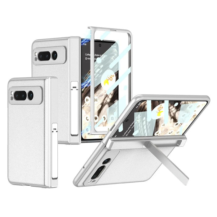 For Google Pixel Fold Magnetic Hinge Protection Phone Case PU Leather+PC Cover with Tempered Glass Film - Leather Texture / Silver - 1