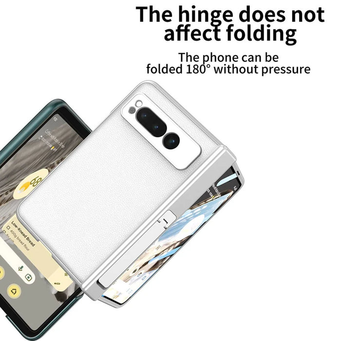 For Google Pixel Fold Magnetic Hinge Protection Phone Case PU Leather+PC Cover with Tempered Glass Film - Leather Texture / Silver - 2