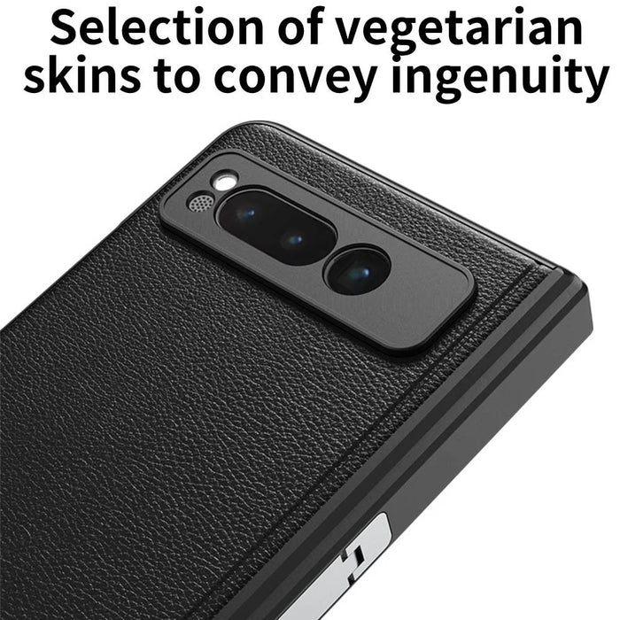 For Google Pixel Fold Magnetic Hinge Protection Phone Case PU Leather+PC Cover with Tempered Glass Film - Leather Texture / Silver - 3