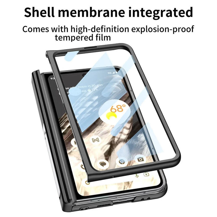 For Google Pixel Fold Magnetic Hinge Protection Phone Case PU Leather+PC Cover with Tempered Glass Film - Leather Texture / Silver - 4